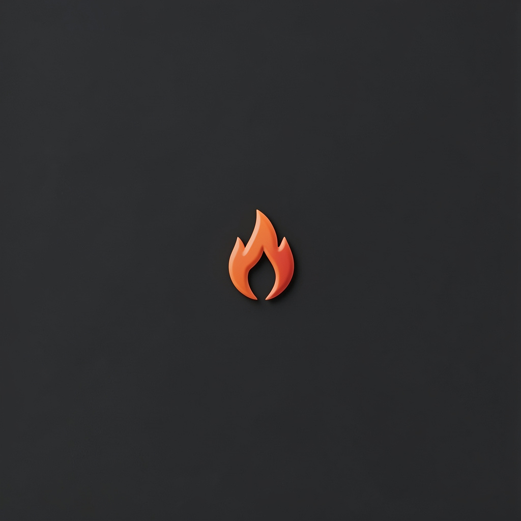 A small emblem featuring a stylized flame in warm orange-red tones against a dark charcoal background, conveying vigilance