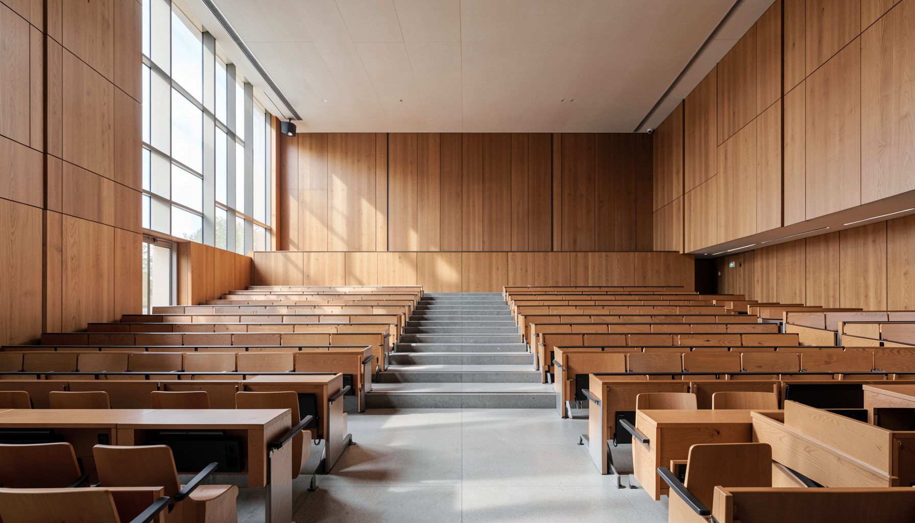 A clean architectural photograph with strong symmetry: a modern university lecture hall interior with tiered seating, warm wood tones, and soft overhead lighting