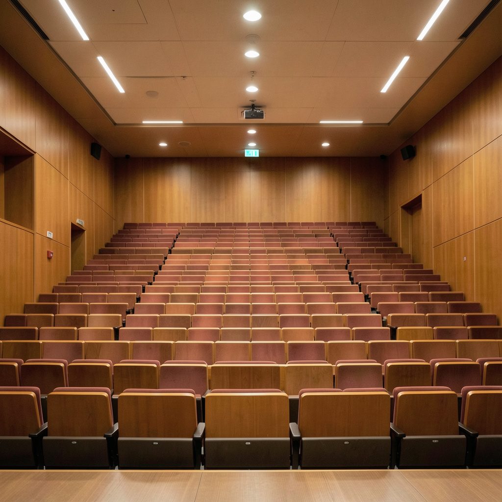 A square atmospheric photograph of a lecture hall with tiered seating, warm wood tones, and soft overhead lighting, suggesting an academic setting