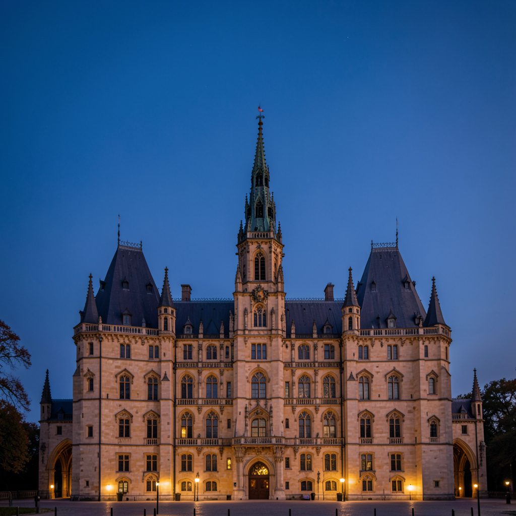 A square atmospheric photograph of Heidelberg Castle at dusk, warm sandstone tones against a deepening blue sky, elegant and historic mood